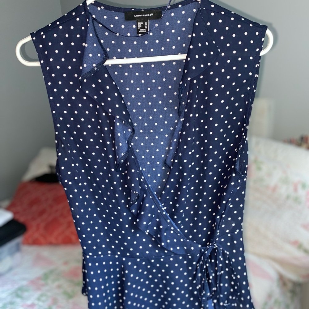 Navy Blue Polka Dot Sleeveless Crossover Top
